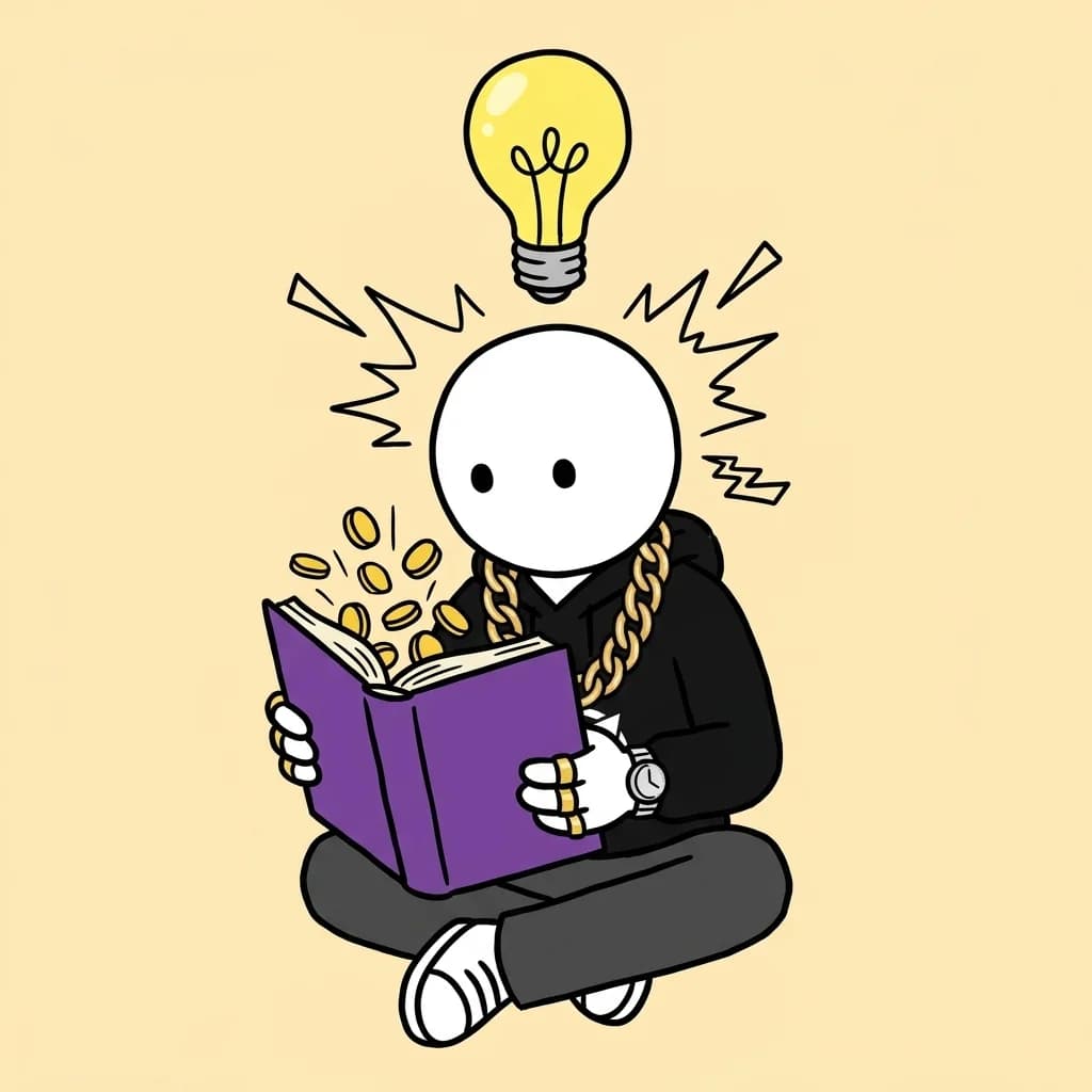 The WealthProgression character reading a purple book, mind blown, with a lightbulb above his head.