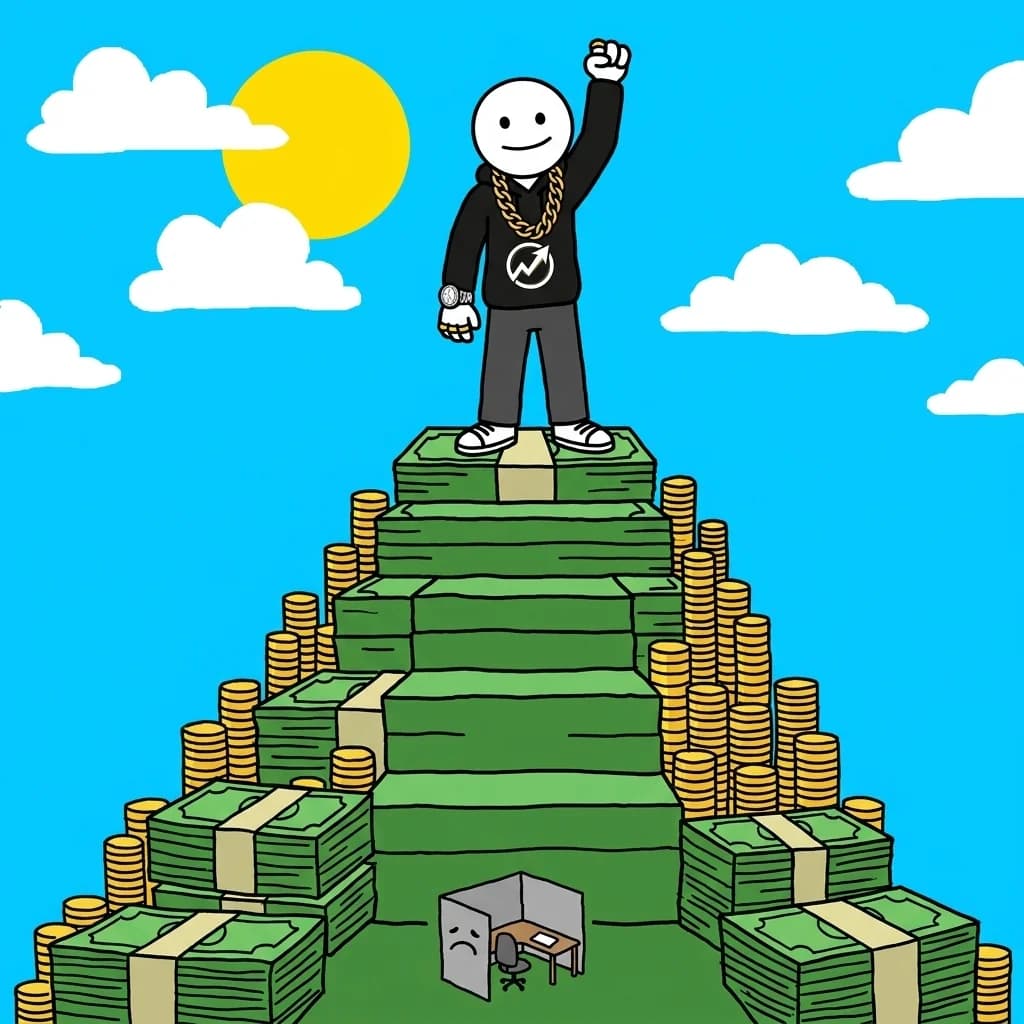 The WealthProgression character standing on top of a staircase made of cash and gold coins, a tiny sad office cubicle far below.