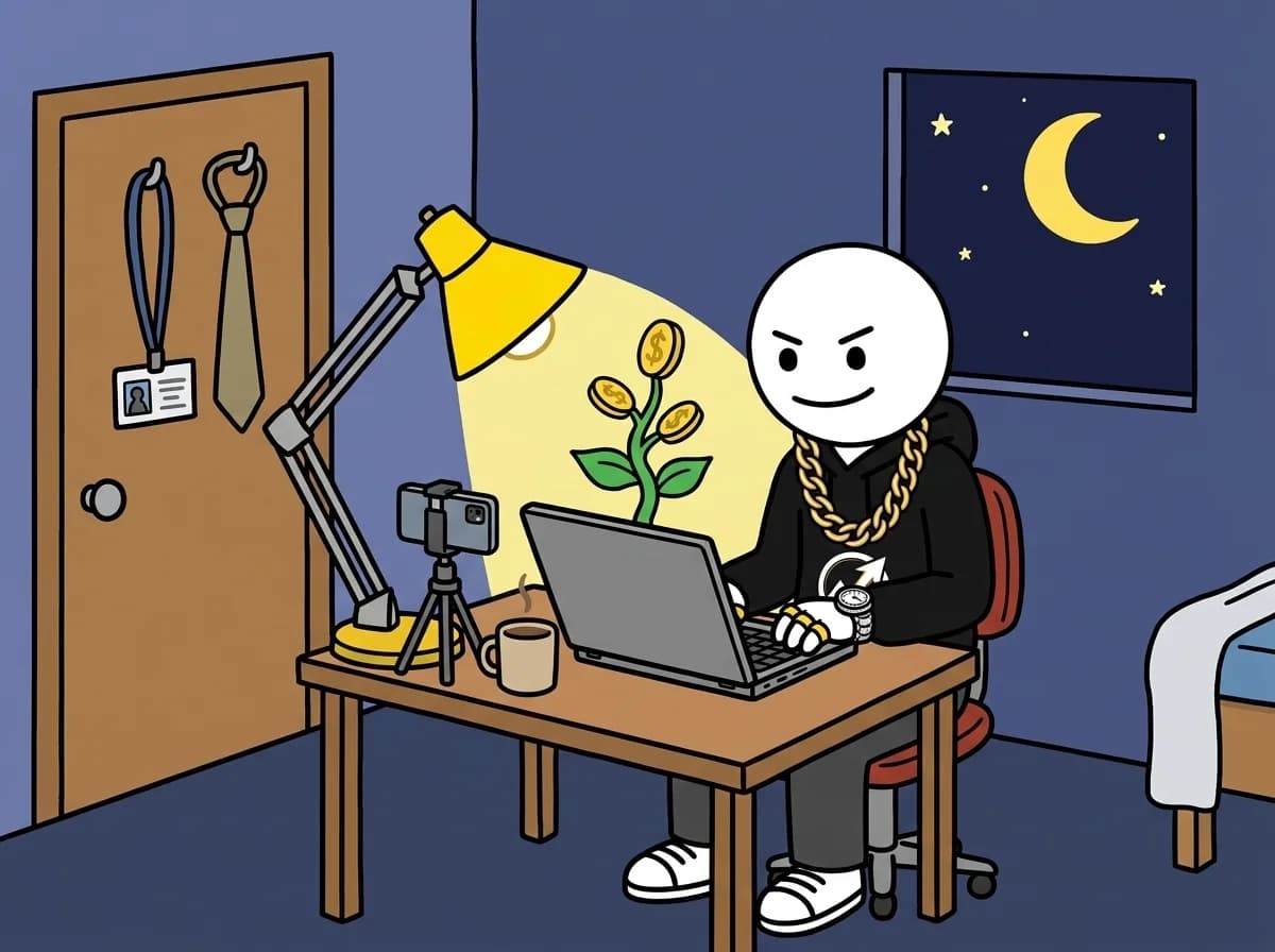 Late at night the character works on a laptop after his day job; a money plant with gold coin leaves grows out of the screen.